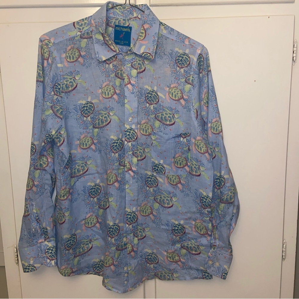 Michaels 100% Linen Blue Turtle Print Men's Shirt